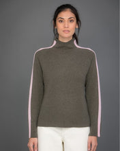 Load image into Gallery viewer, High Neck Cashmere Jumper with Striped Sleeves in Green