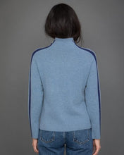 Load image into Gallery viewer, High Neck Cashmere Jumper with Striped Sleeves in Blue
