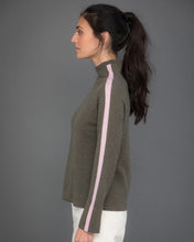 Load image into Gallery viewer, High Neck Cashmere Jumper with Striped Sleeves in Green
