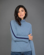 Load image into Gallery viewer, High Neck Cashmere Jumper with Striped Sleeves in Blue
