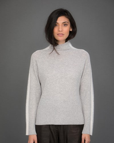 High Neck Cashmere Jumper with Striped Sleeves in Grey